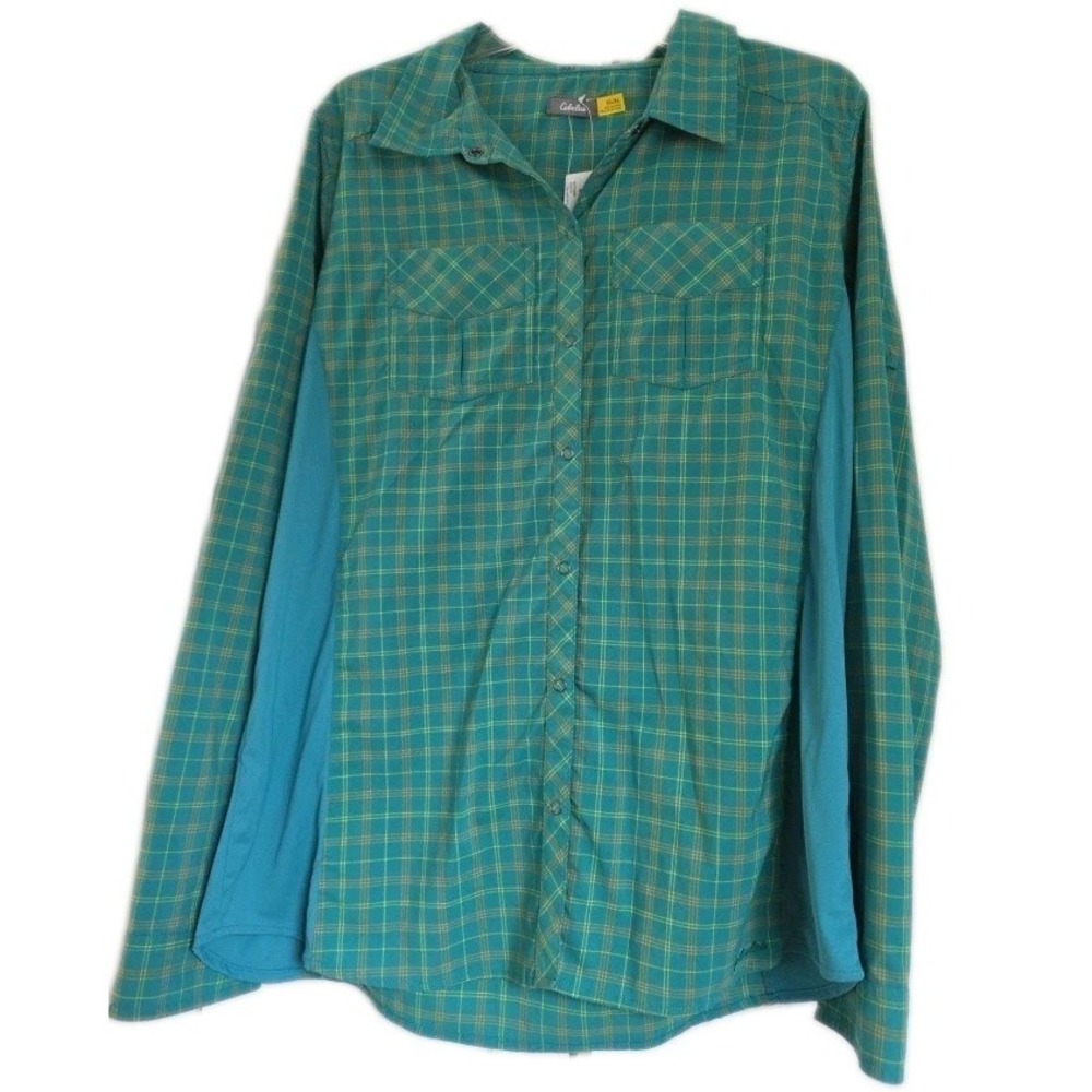 NWT Cabela's Truine women's plaid, green yellow snap fishing outdoor shirt XL